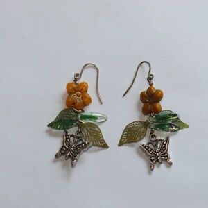 New 2 Inch Drop Earrings with Golden Flowers, Leaves and Butterflies